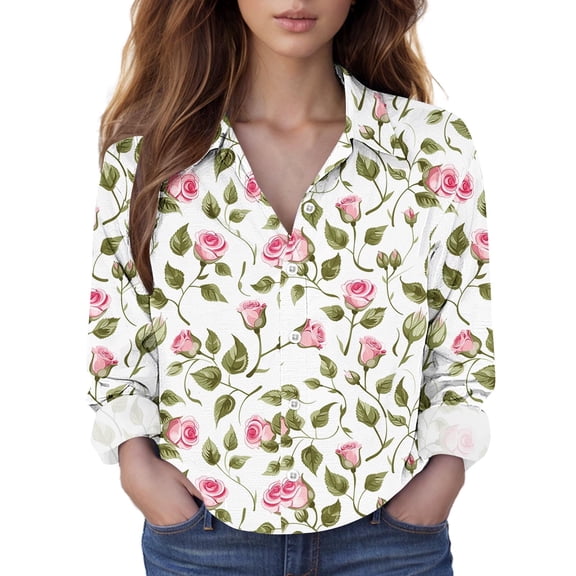Juslio Womens Blouses Long Sleeve Button Tops V-Neck Casual Blouses Multicolor XXL