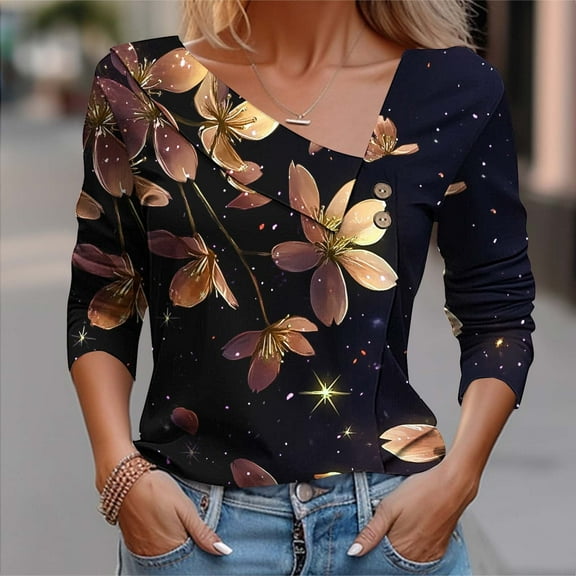 Juslio Womens Blouses Long Sleeve Button Tops V Neck Casual Blouses Gold XXL