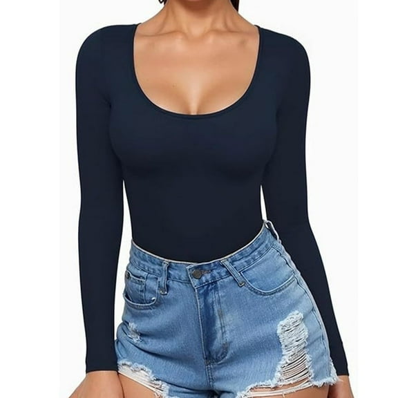 Juslio Womens Blouses Long Sleeve Solid Color Crew Neck Casual Blouses Blue L