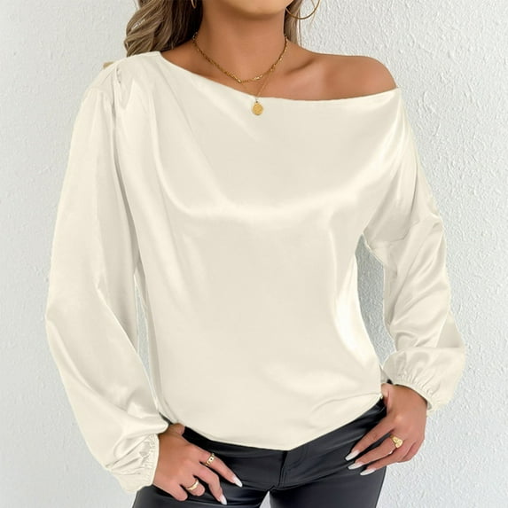Juslio Womens Blouses Long Sleeve Solid Color Tops V-Neck Casual Blouses White S