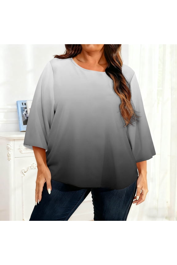 Womens Crew Neck Gradient Tops Plus Size Loose Comfortable Black 3/4 Sleeve Shirts