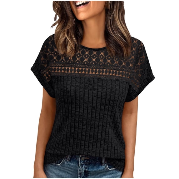 Juslio Womens Crew Neck Patchwork Lace Tops Openwork Loose Comfortable Black Short Sleeve Shirts