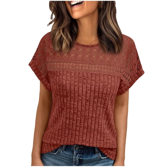 Juslio Womens Crew Neck Patchwork Lace Tops Openwork Loose Plus Size Red Short Sleeve Shirts