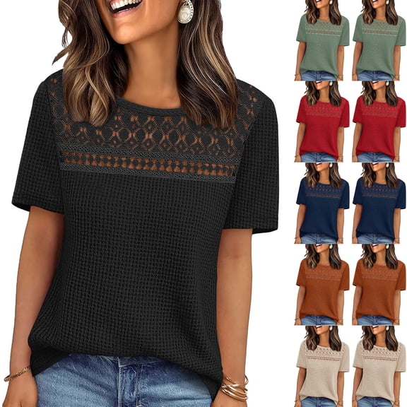 Juslio Womens Crew Neck Waffle Tops Openwork Loose Comfortable Black Short Sleeve Shirts