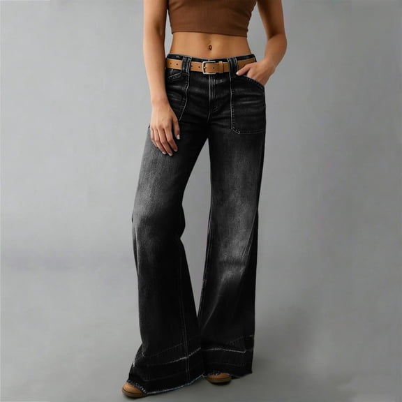 Juslio Womens Denim Straight Jeans High Waist Pocket Casual Black Jeans Pants