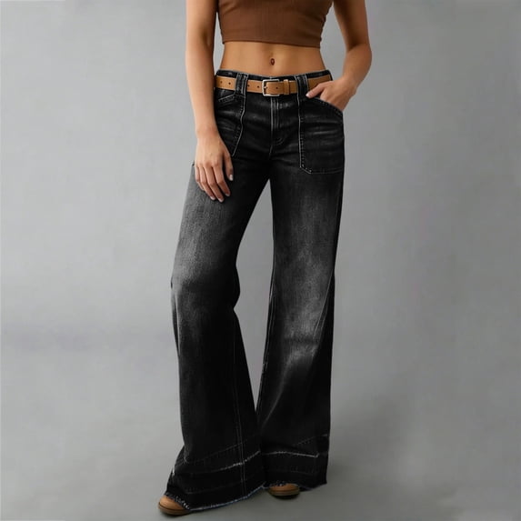 Juslio Womens Denim Straight Jeans High Waist Pocket Casual Black Jeans