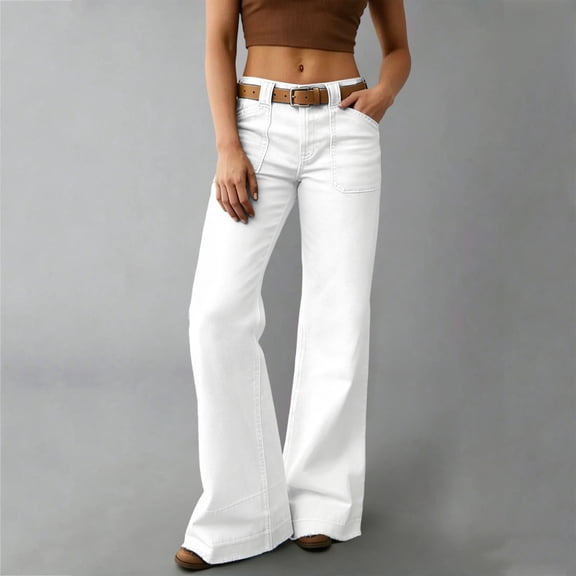 Juslio Womens Denim Straight Jeans Pocket Casual High Waist White Jeans