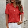 thumbnail image 1 of Juslio Womens Double Pocket Short Sleeve Shirts Turndown Collar Loose Comfortable Red Button Tops, 1 of 7