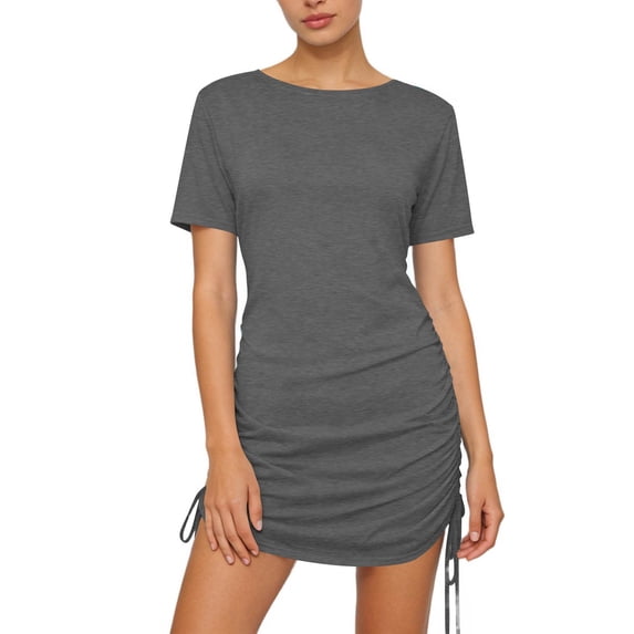 Juslio Womens Dress Drawstring Slim Round Neck T-Shirt Dresses Casual Solid Color Midi Dress