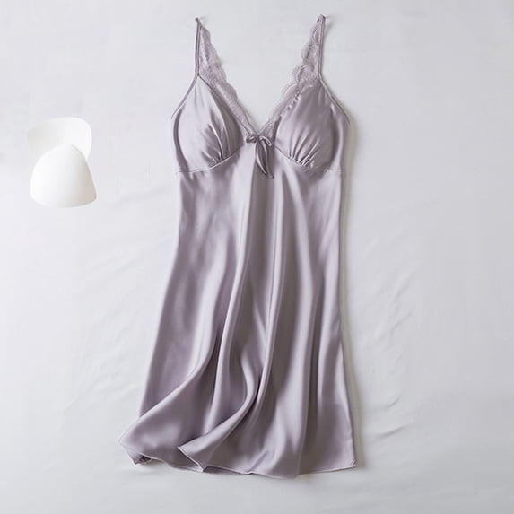 Juslio Womens Homewear Dress Lace Trim Loungewear Bow With Built-In Bra Loose Sleep Halter Nightgown Purple M