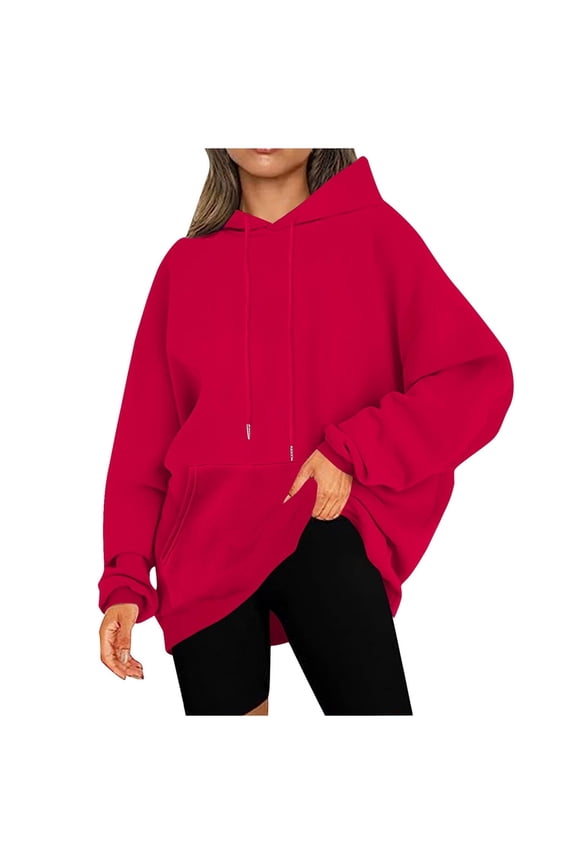 Sweatshirts for Women Kangaroo Pocket Solid Pullover Long Sleeve Hooded Hoodies Red 4XL