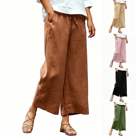 Juslio Womens Linen Pants Breathable Fashion Drawstring Pants, with Pockets Linen Wide-Leg Pants Red L