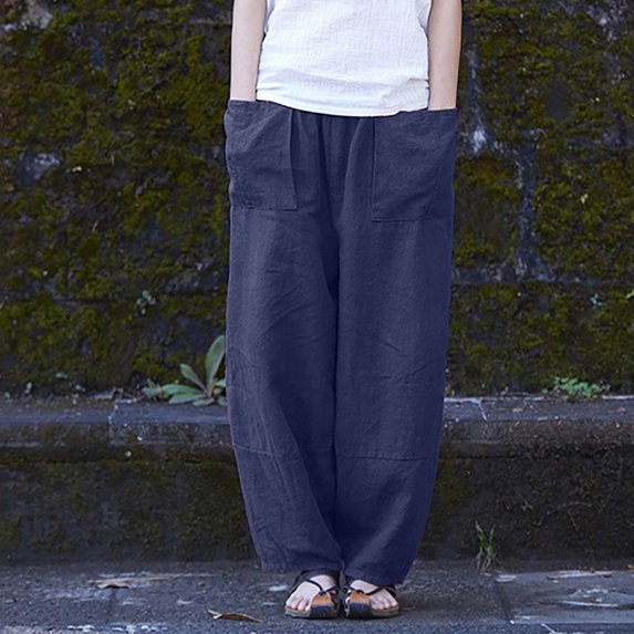 Juslio Womens Linen Pants Casual with Pockets Elastic Waist,Linen High Waist Linen Pants M