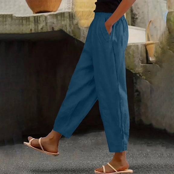 Juslio Womens Linen Pants Casual with Pockets Elastic Waist,Linen High Waist Linen Pants S