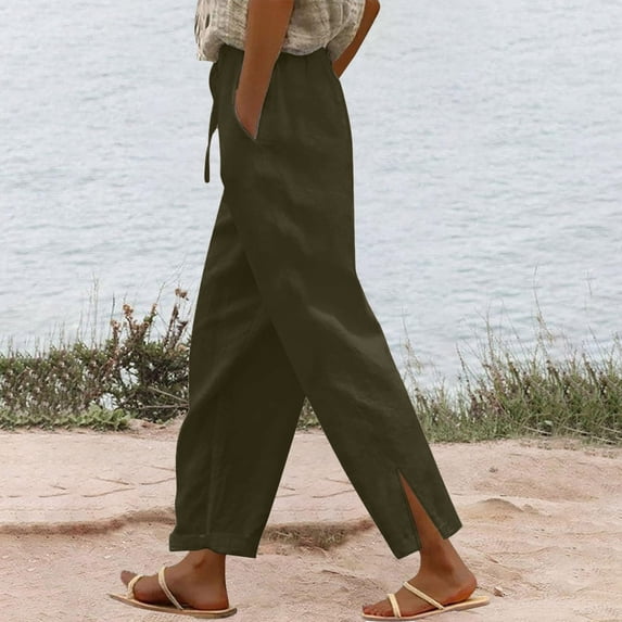 Juslio Womens Linen Pants Drawstring Loose Linen High Waist,Plus Size Wide Leg Pants 5XL