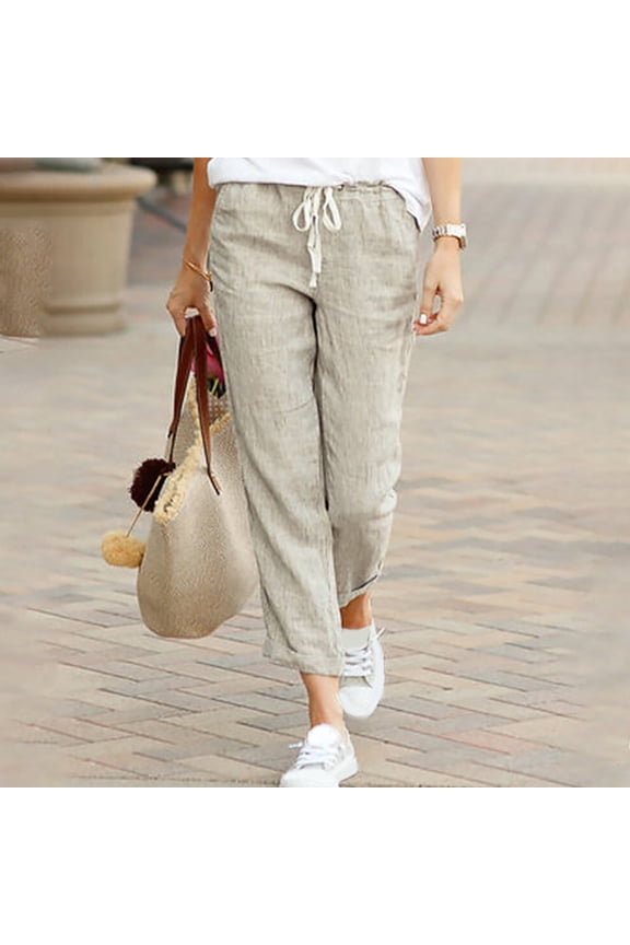 Womens Linen Pants Drawstring Solid Linen High Waist Plus Size Linen Pants 5XL