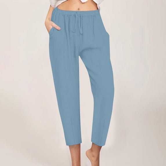 Juslio Womens Linen Pants Drawstring with Pockets Linen,High Waist Casual Taper Pants L
