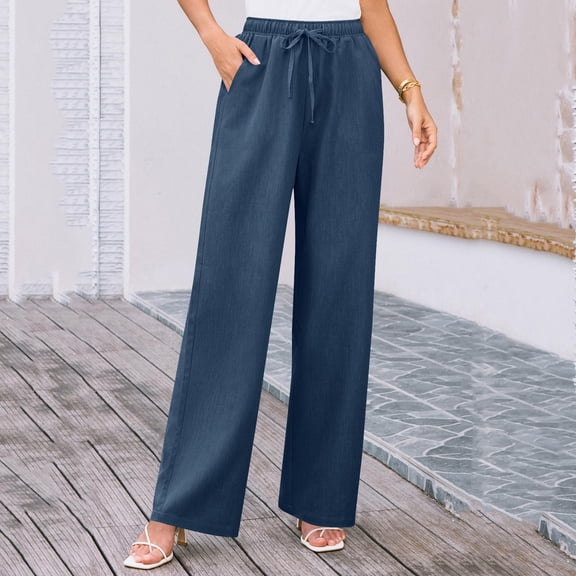 Juslio Womens Linen Pants High Waist Drawstring Casual Elastic,Waist Linen Straight Leg Pants M