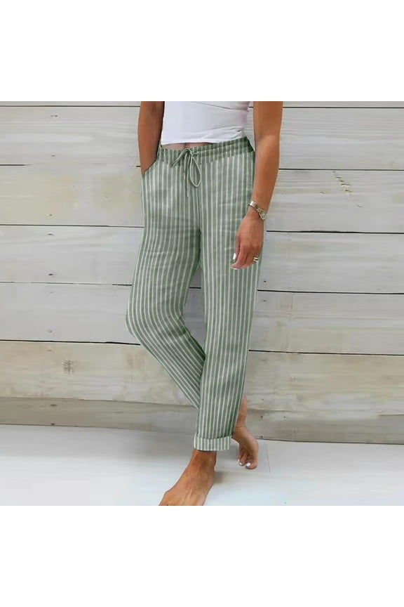 Womens Linen Pants High Waist Drawstring Elastic Waist Casual Linen Straight Leg Pants S