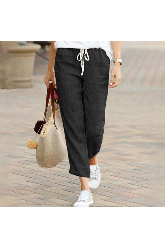 Womens Linen Pants High Waist Solid Drawstring Plus Size Linen Linen Pants 4XL