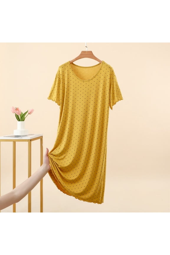Womens Loungewear Polka Dot Printed Sleep Round Neck Homewear Dress Loose Ruffle Hem Nightgown Yellow L
