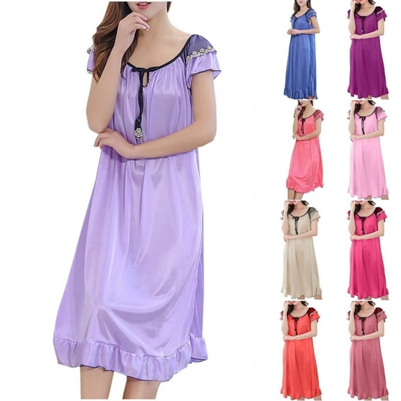 Juslio Nightgowns for Women House Bow Short Sleeve Ice Silk Ruched Ruffle V Neck Solid
