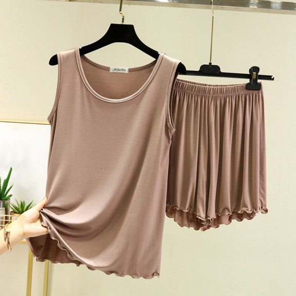 Juslio Womens Pajama Sets Solid Homewear Fashion Modal Crewneck Sleeveless and Shorts 2 Piece Matching Pajamas Sets M