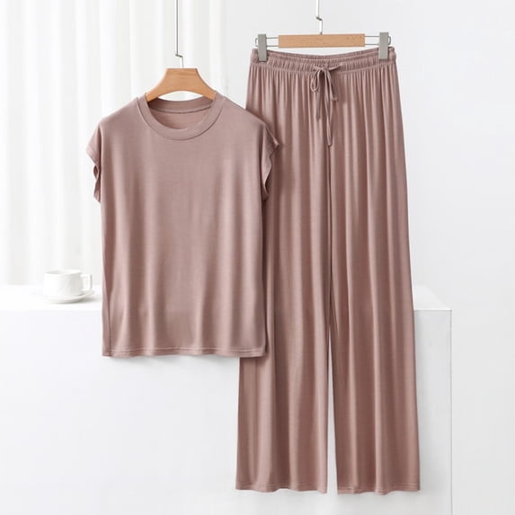 Juslio Womens Pajama Sets Solid Homewear Fashion Modal V-Neck Tops and Pants 2 Piece Matching Pajamas Sets 2XL