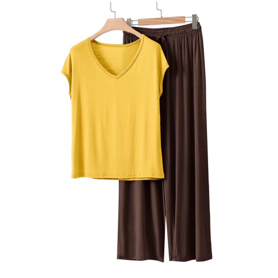 Juslio Womens Pajama Sets Solid Homewear Fashion Modal V-Neck Tops and Pants 2 Piece Matching Pajamas Sets M