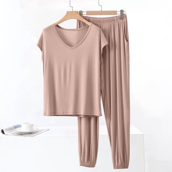Juslio Womens Pajama Sets Solid Homewear Fashion Modal V-Neck Tops and Pants 2 Piece Matching Pajamas Sets XL