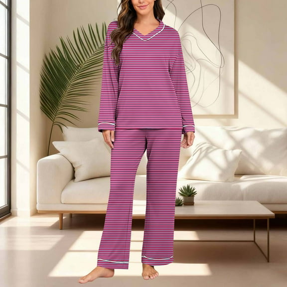 Juslio Womens Pajama Sets Striped V-Neck Plus Size Long Sleeve Tops and Loose Pants 2-Piece Matching Pajamas Sets 3XL