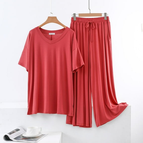 Juslio Womens Pajamas Solid Fashion Modal Crewneck T Shirt and Tie Homewear 2 Piece Matching Pajamas Sets L