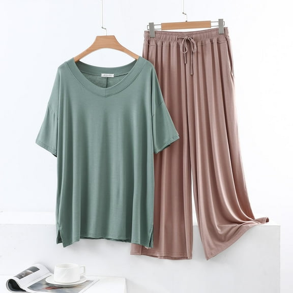 Juslio Womens Pajamas Solid Fashion Modal V-Neck T Shirt and Tie Homewear 2 Piece Matching Pajamas Sets XL