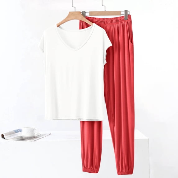 Juslio Womens Pajamas Solid Fashion Modal V-Neck Tops and Pants Homewear 2 Piece Matching Pajamas Sets 2XL