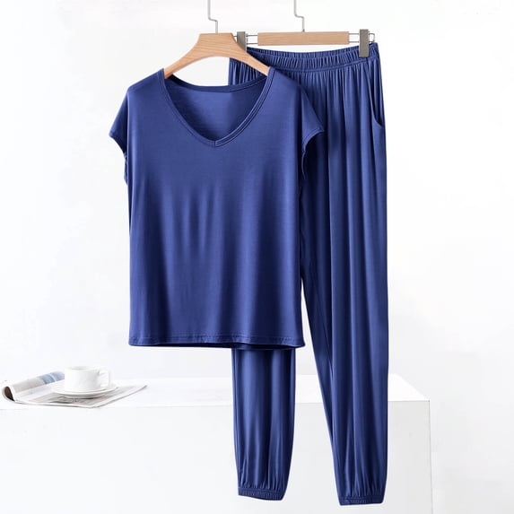 Juslio Womens Pajamas Solid Fashion Modal V-Neck Tops and Pants Homewear 2 Piece Matching Pajamas Sets M