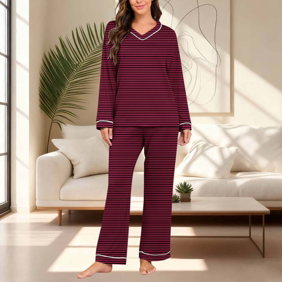 Juslio Womens Pajamas Striped V-Neck Homewear Long Sleeve Tops and Loose Pants 2-Piece Matching Pajamas Sets M