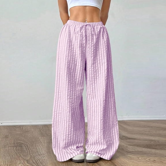 Juslio Womens Pants Casual Lace-up Striped Comfortable High Waist with Pockets Straight Pants