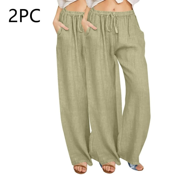 Juslio Womens Pants Casual Loose Drawstring Linen High Waist Wide Leg Pants 2XL