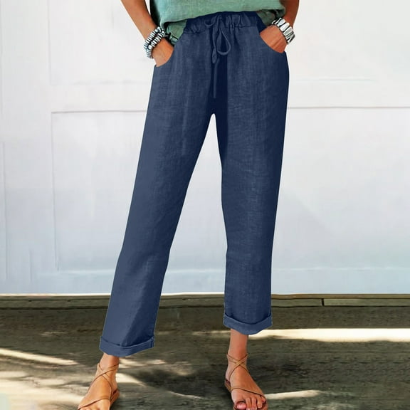 Juslio Womens Pants Casual Solid Elastic Waist Linen High Waist Straight Leg Pants XL