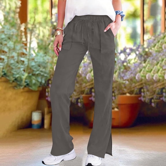Juslio Womens Pants Elastic Waist with Pockets Linen High Waist Casual Straight Leg Pants S