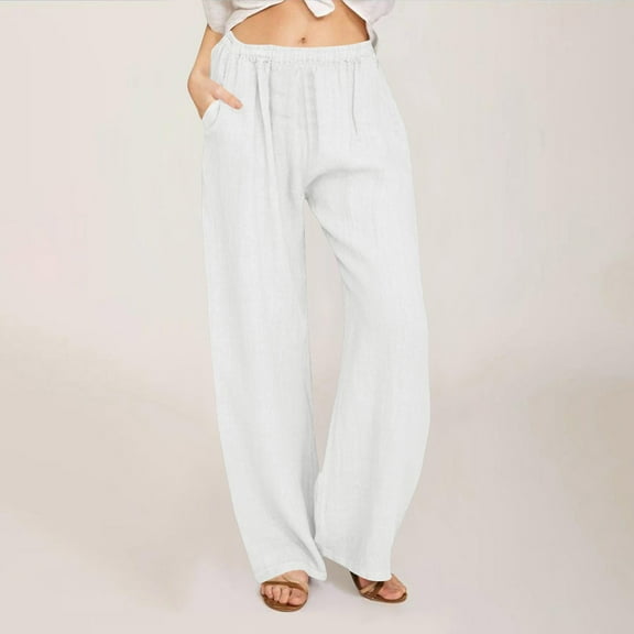 Juslio Womens Pants High Waist Loose Casual Elastic Waist Linen Wide Leg Pants L