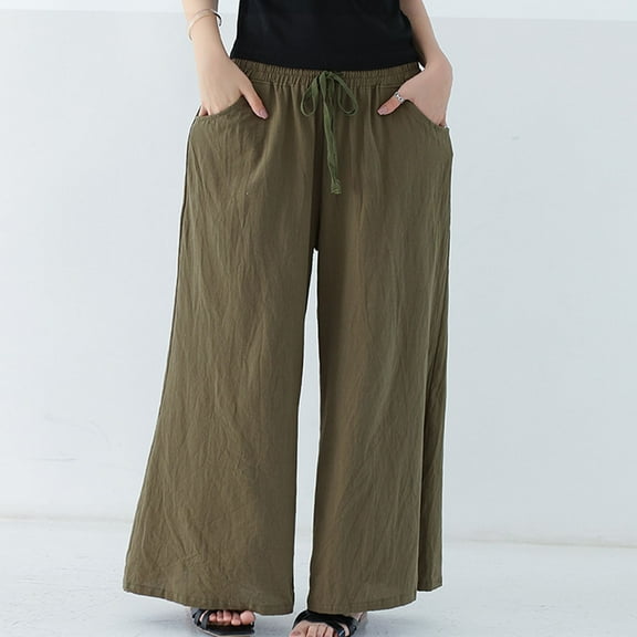 Juslio Womens Pants High Waist Loose Elastic Waist Casual Linen Wide Leg Straight Leg Pants L