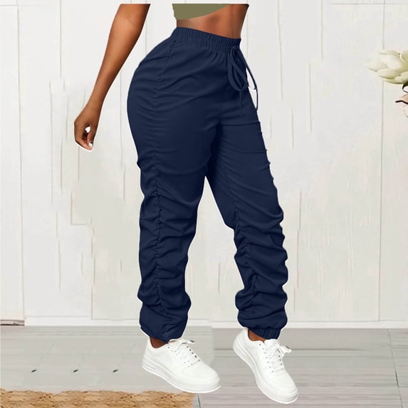 Juslio Womens Pants High Waist Ruched Bottom Cargo Pants High Elastic Casual Comfortable Straight Pants