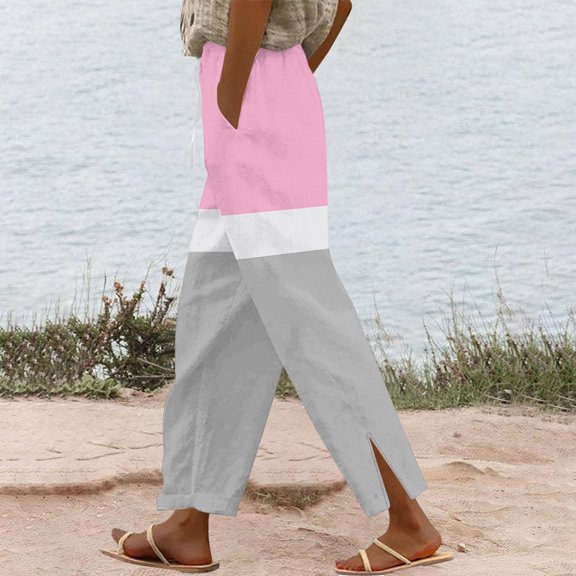 Juslio Womens Pants High Waist Side Opening Casual Drawstring Linen with Pockets Straight Leg Pants XL