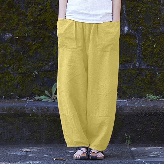 Juslio Womens Pants High Waist with Pockets Elastic,Waist Casual Linen Linen Pants M