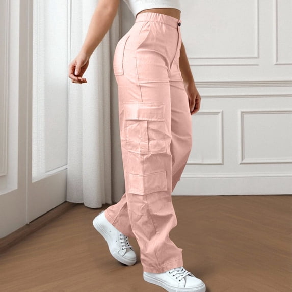 Juslio Womens Pants with Pockets Zipper Button Cargo Pants Comfortable High Waist High Elastic Straight Pants