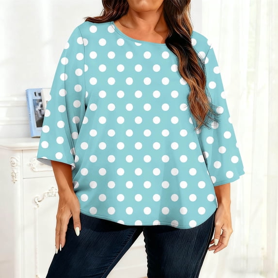 Juslio Womens Plus Size 3/4 Sleeve Shirts Crew Neck Loose Comfortable Light Blue Polka Dot Tops