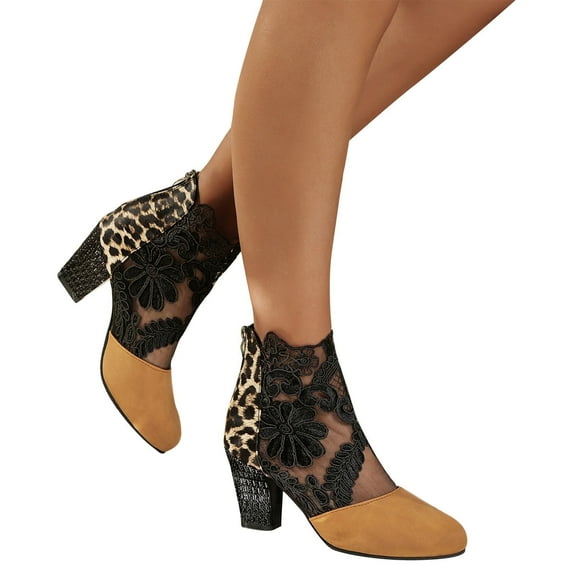 Juslio Womens Shoes Spring Leopard Pattern New Lace Mesh Summer High Heels Back Zipper Large Cool Work Boots
