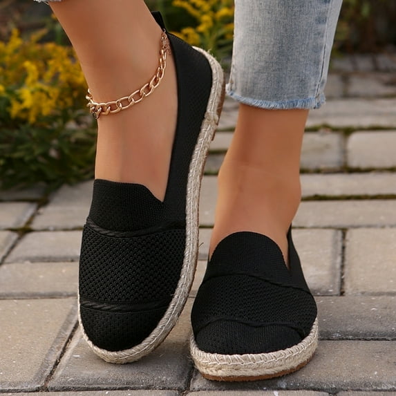 Juslio Womens Shoes Women's Casual Breathable Hollow Knitted Solid Color Round Toe Flying Woven Flat Sole Shoes