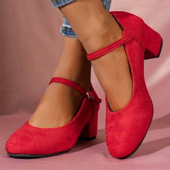 Juslio Womens Shoes Women's Solid Color Medium Heeled and Thick Heeled Shoes With A Straight Buckle and Shallow Mouth Suede for Women